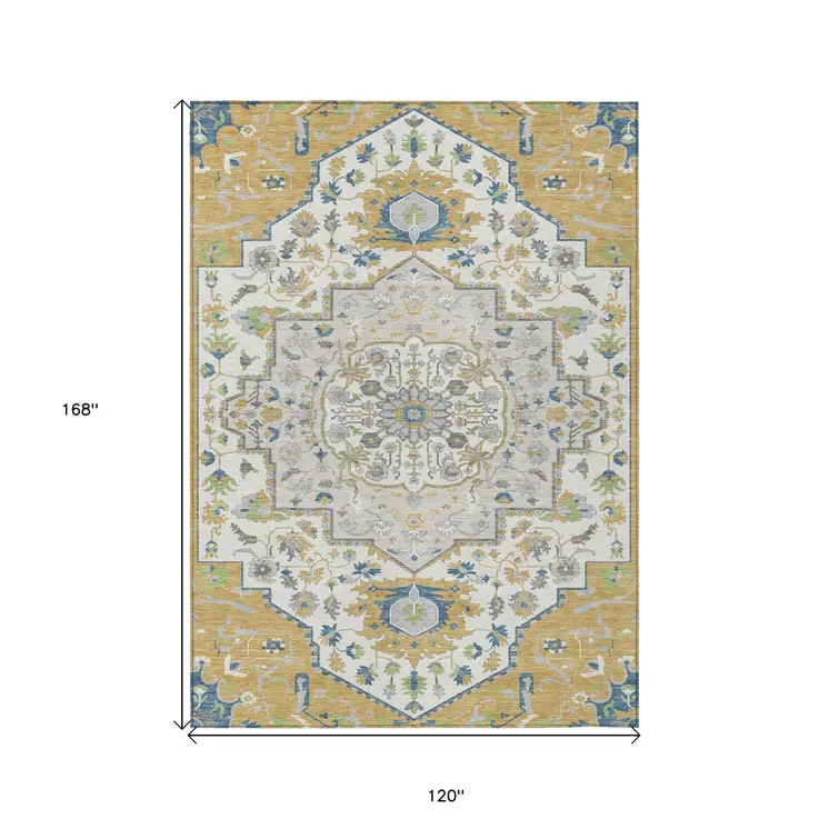 10' X 14' Gold Ivory And Blue Oriental Washable Indoor Outdoor Area Rug