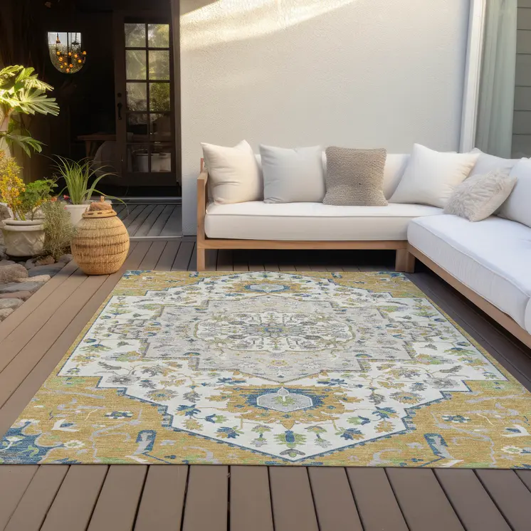 10' X 14' Gold Ivory And Blue Oriental Washable Indoor Outdoor Area Rug