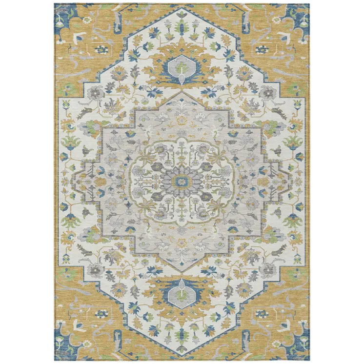 10' X 14' Gold Ivory And Blue Oriental Washable Indoor Outdoor Area Rug