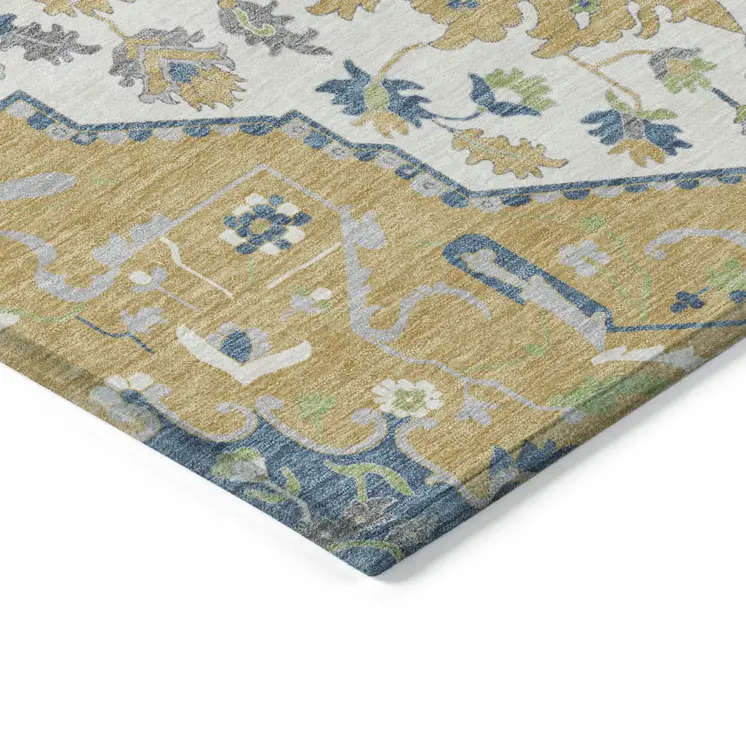 10' X 14' Gold Ivory And Blue Oriental Washable Indoor Outdoor Area Rug