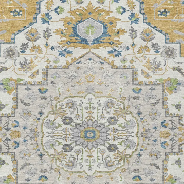 10' X 14' Gold Ivory And Blue Oriental Washable Indoor Outdoor Area Rug