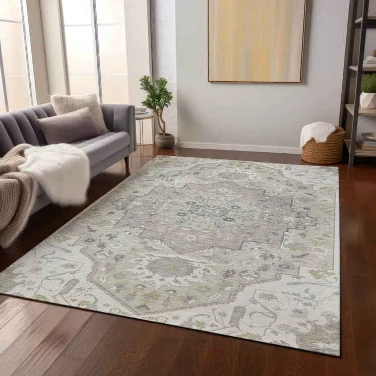3' X 5' Ivory Beige And Gray Oriental Washable Indoor Outdoor Area Rug