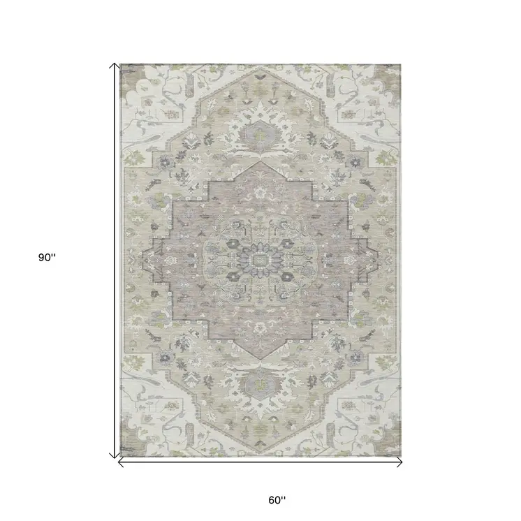 5' X 8' Ivory Beige And Gray Oriental Washable Indoor Outdoor Area Rug