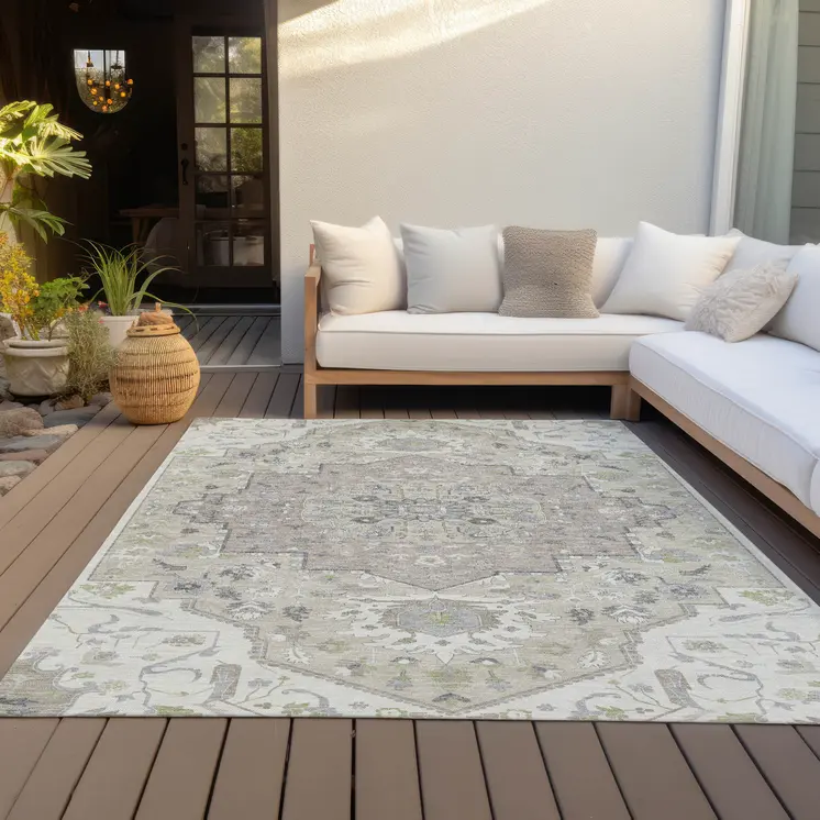 5' X 8' Ivory Beige And Gray Oriental Washable Indoor Outdoor Area Rug