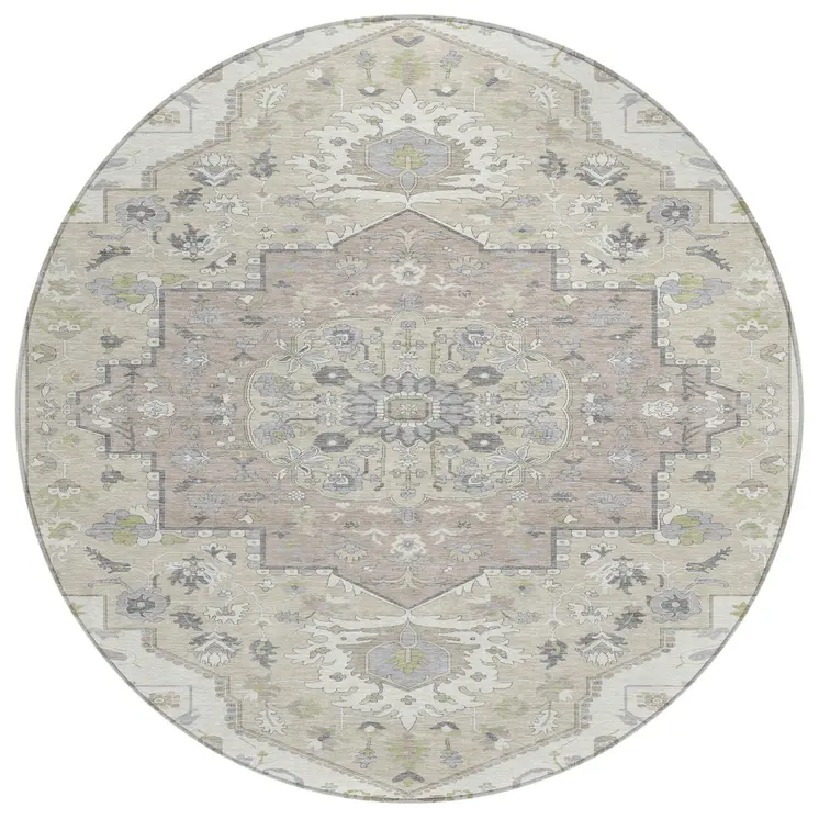 8' Ivory Beige And Gray Round Oriental Washable Indoor Outdoor Area Rug
