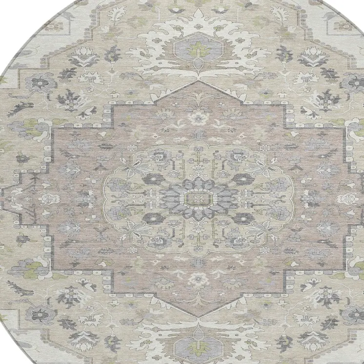 8' Ivory Beige And Gray Round Oriental Washable Indoor Outdoor Area Rug