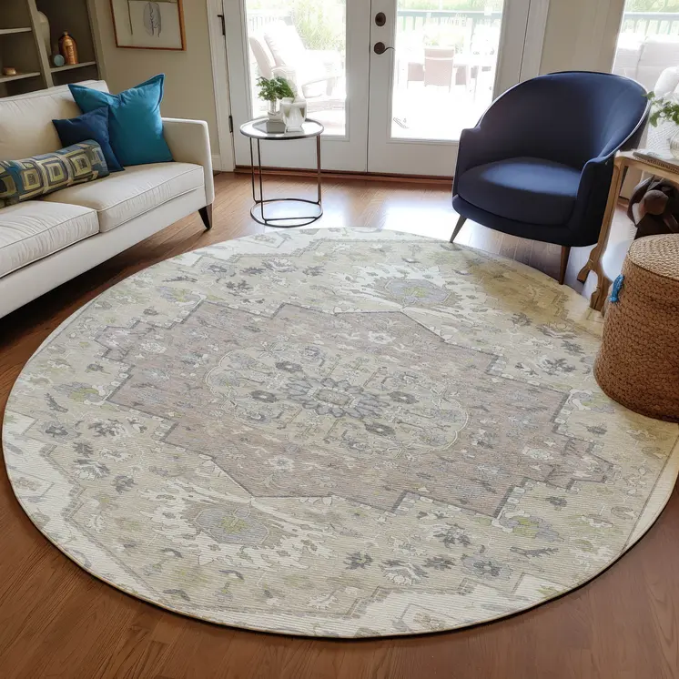 8' Ivory Beige And Gray Round Oriental Washable Indoor Outdoor Area Rug