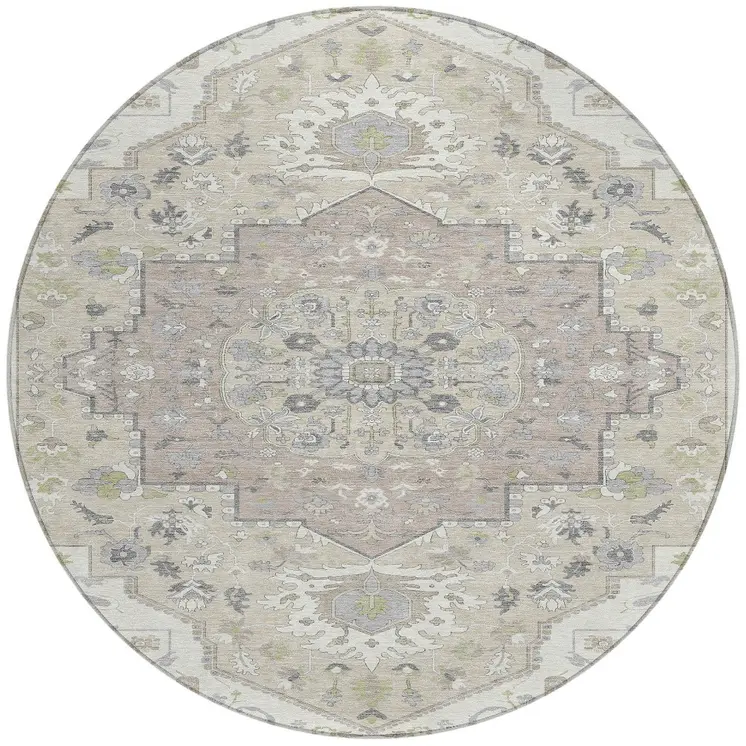 8' Ivory Beige And Gray Round Oriental Washable Indoor Outdoor Area Rug