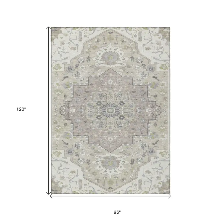 8' X 10' Ivory Beige And Gray Oriental Washable Indoor Outdoor Area Rug