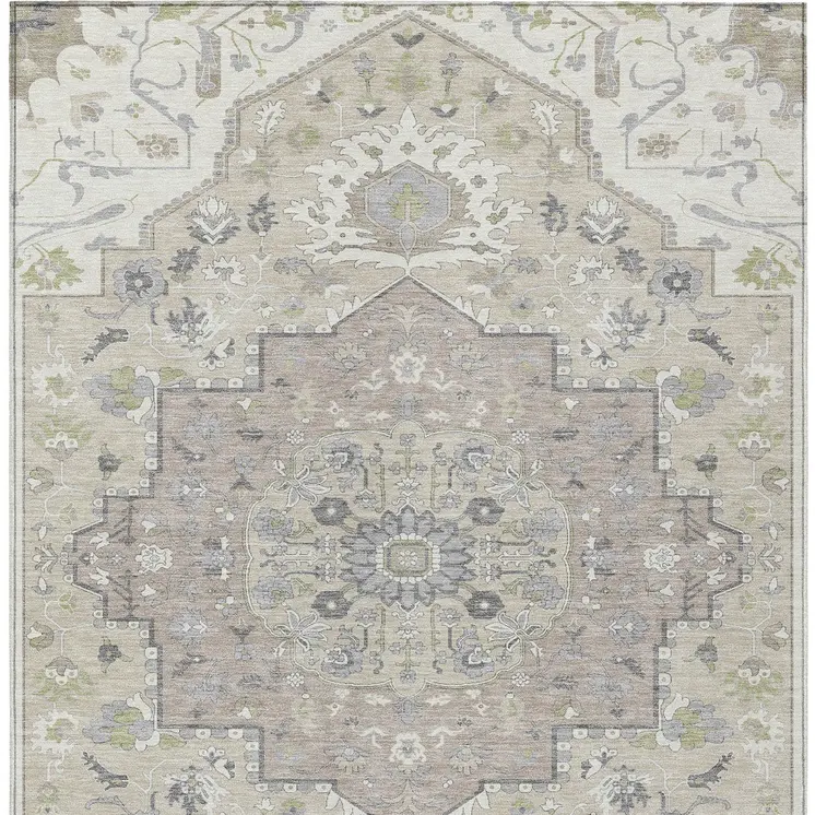 9' X 12' Ivory Beige And Gray Oriental Washable Indoor Outdoor Area Rug