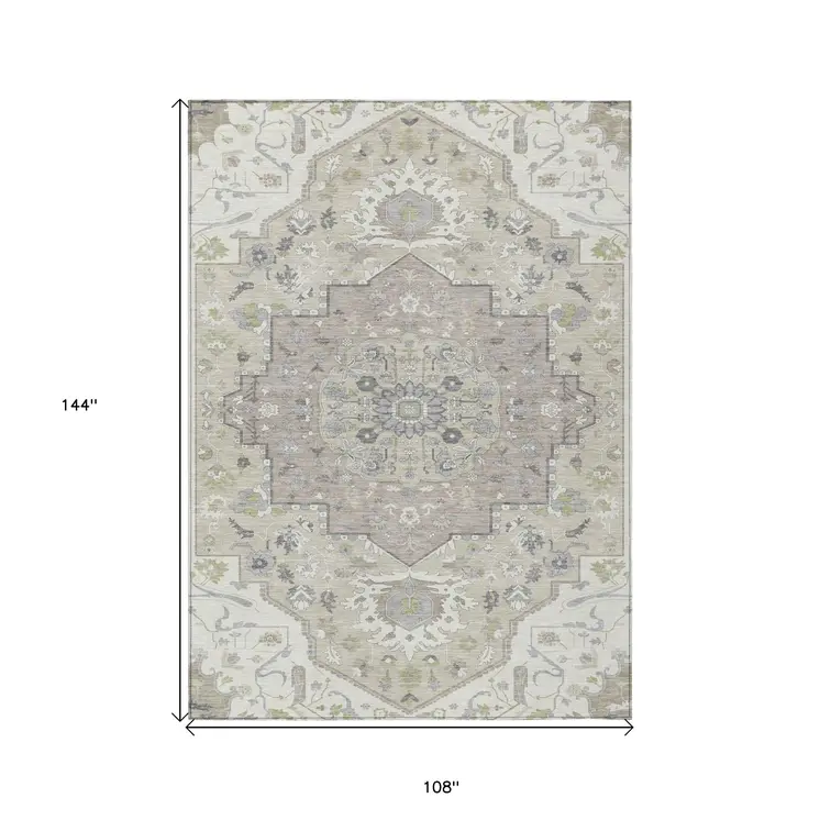 9' X 12' Ivory Beige And Gray Oriental Washable Indoor Outdoor Area Rug