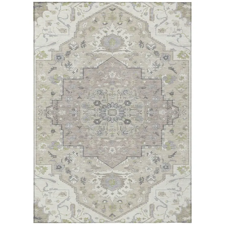 9' X 12' Ivory Beige And Gray Oriental Washable Indoor Outdoor Area Rug