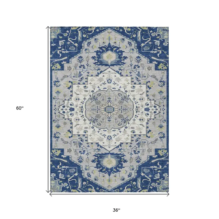 3' X 5' Navy Blue Ivory And Gray Oriental Washable Indoor Outdoor Area Rug