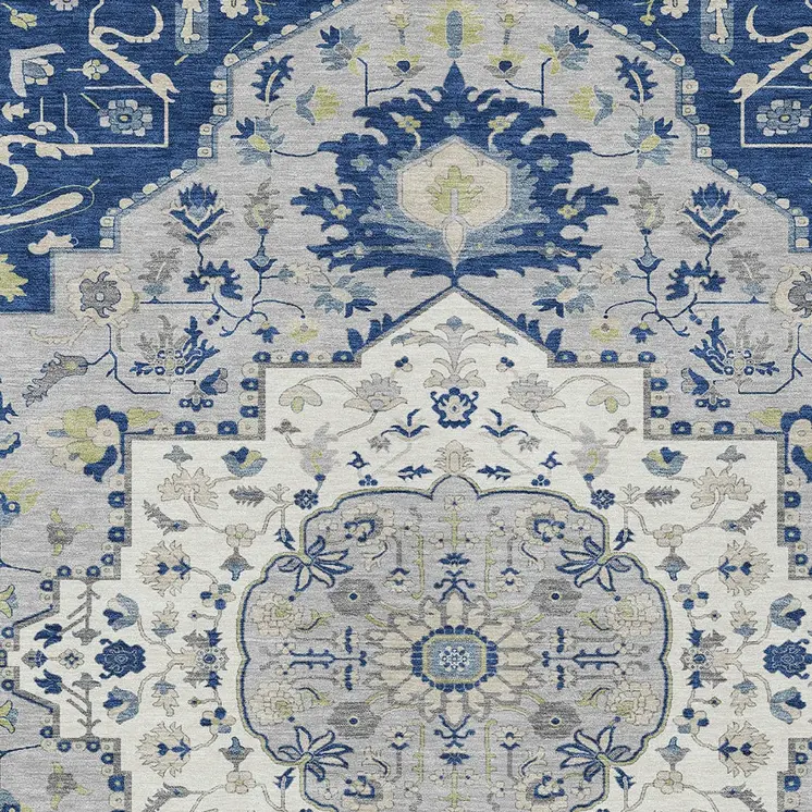 3' X 5' Navy Blue Ivory And Gray Oriental Washable Indoor Outdoor Area Rug