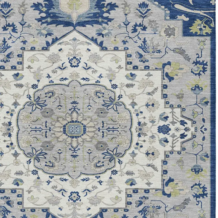 5' X 8' Navy Blue Ivory And Gray Oriental Washable Indoor Outdoor Area Rug