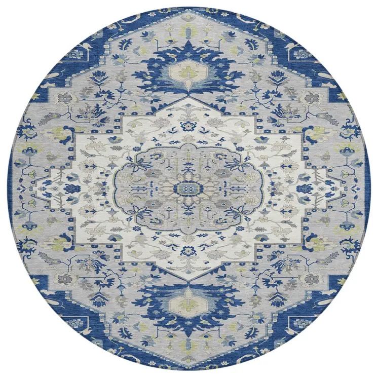 8' Navy Blue Ivory And Gray Round Oriental Washable Indoor Outdoor Area Rug