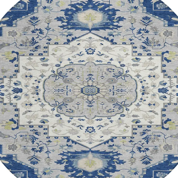 8' Navy Blue Ivory And Gray Round Oriental Washable Indoor Outdoor Area Rug