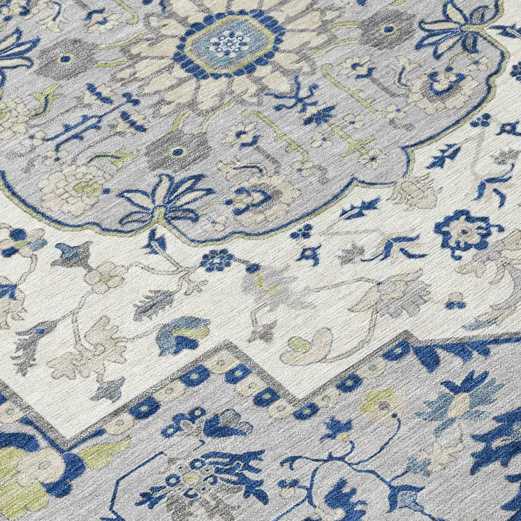 8' Navy Blue Ivory And Gray Round Oriental Washable Indoor Outdoor Area Rug