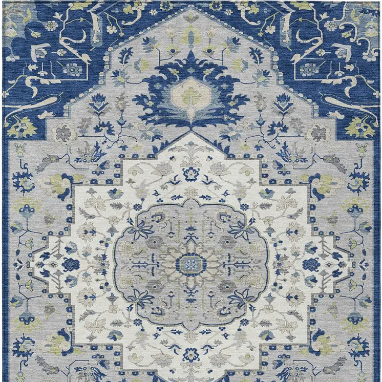 8' X 10' Navy Blue Ivory And Gray Oriental Washable Indoor Outdoor Area Rug