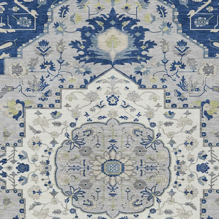 8' X 10' Navy Blue Ivory And Gray Oriental Washable Indoor Outdoor Area Rug