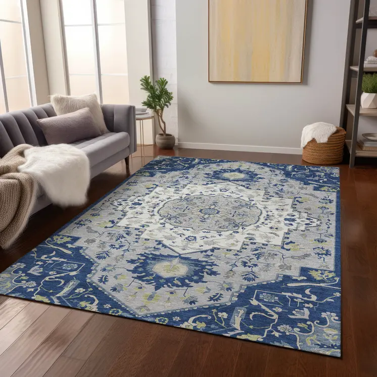 8' X 10' Navy Blue Ivory And Gray Oriental Washable Indoor Outdoor Area Rug