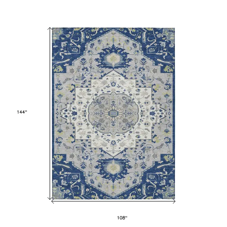 9' X 12' Navy Blue Ivory And Gray Oriental Washable Indoor Outdoor Area Rug