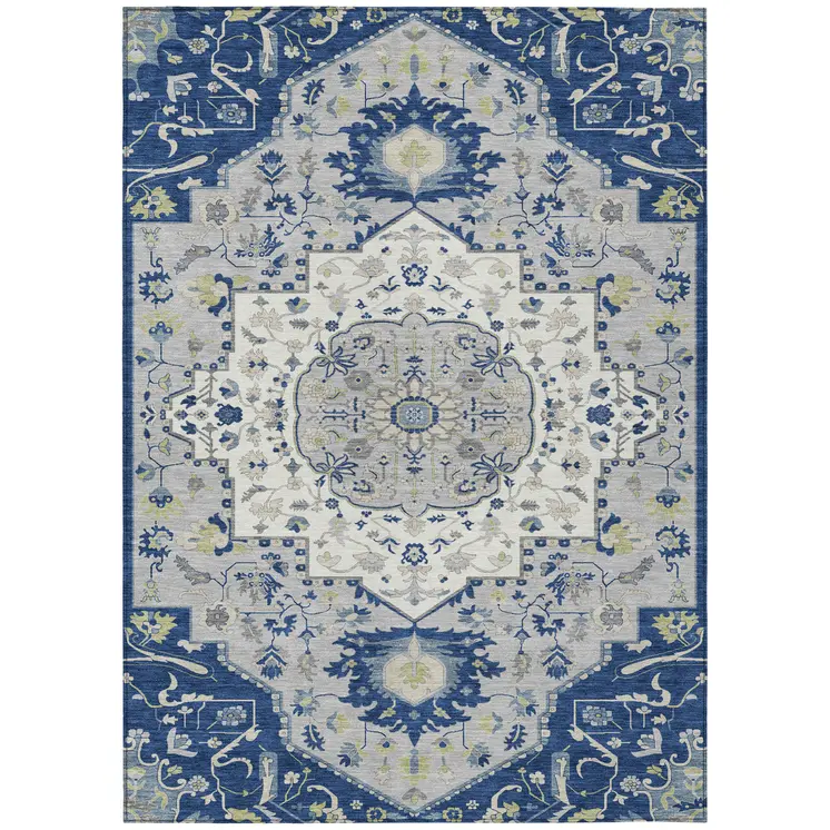 9' X 12' Navy Blue Ivory And Gray Oriental Washable Indoor Outdoor Area Rug