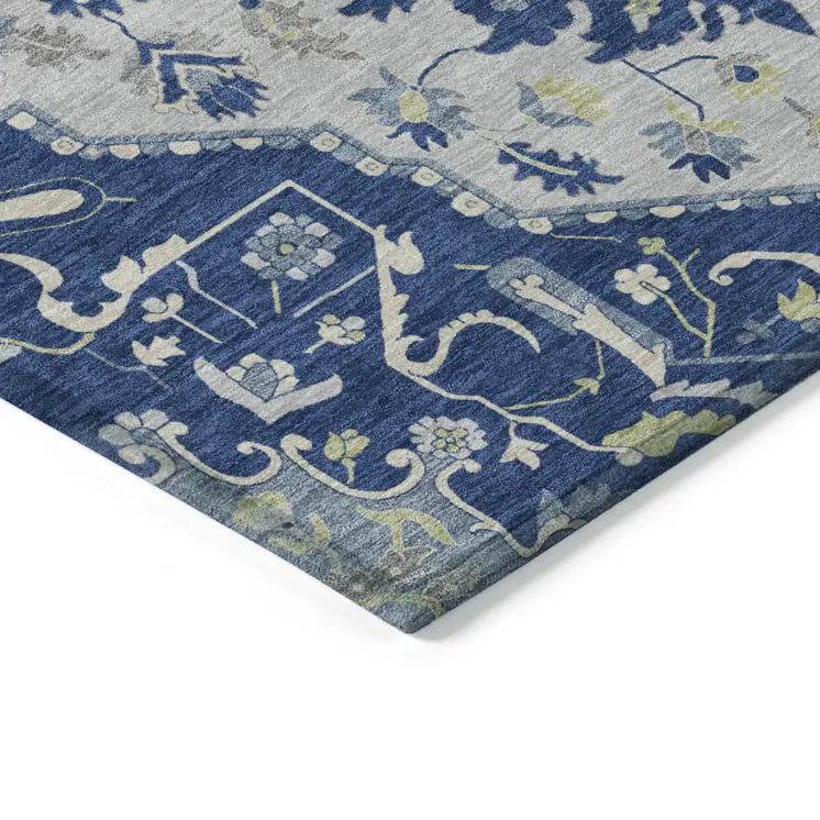9' X 12' Navy Blue Ivory And Gray Oriental Washable Indoor Outdoor Area Rug