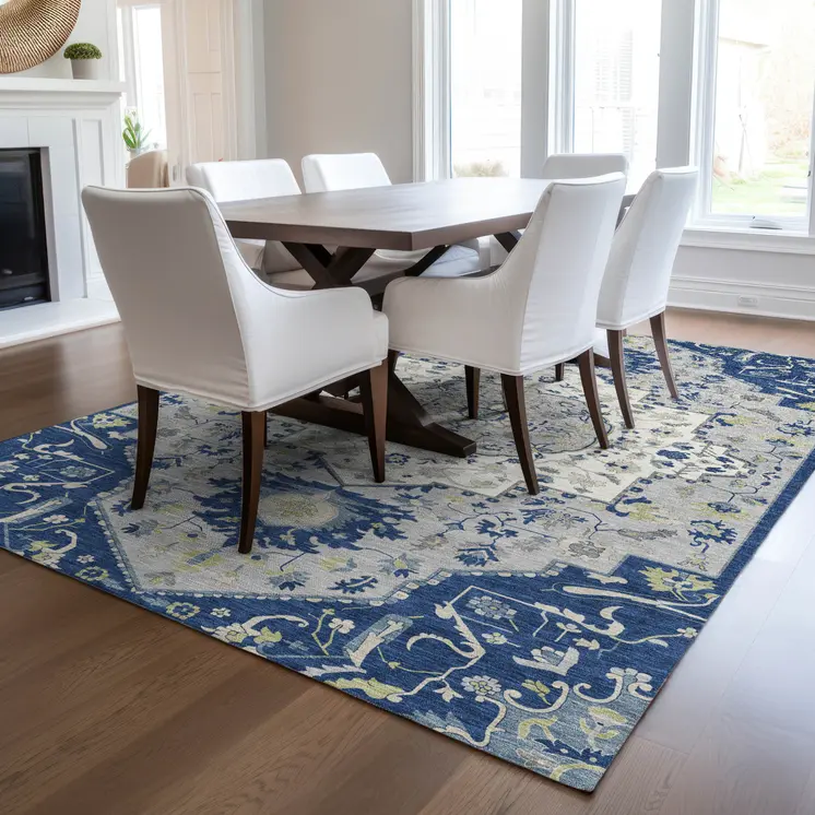9' X 12' Navy Blue Ivory And Gray Oriental Washable Indoor Outdoor Area Rug