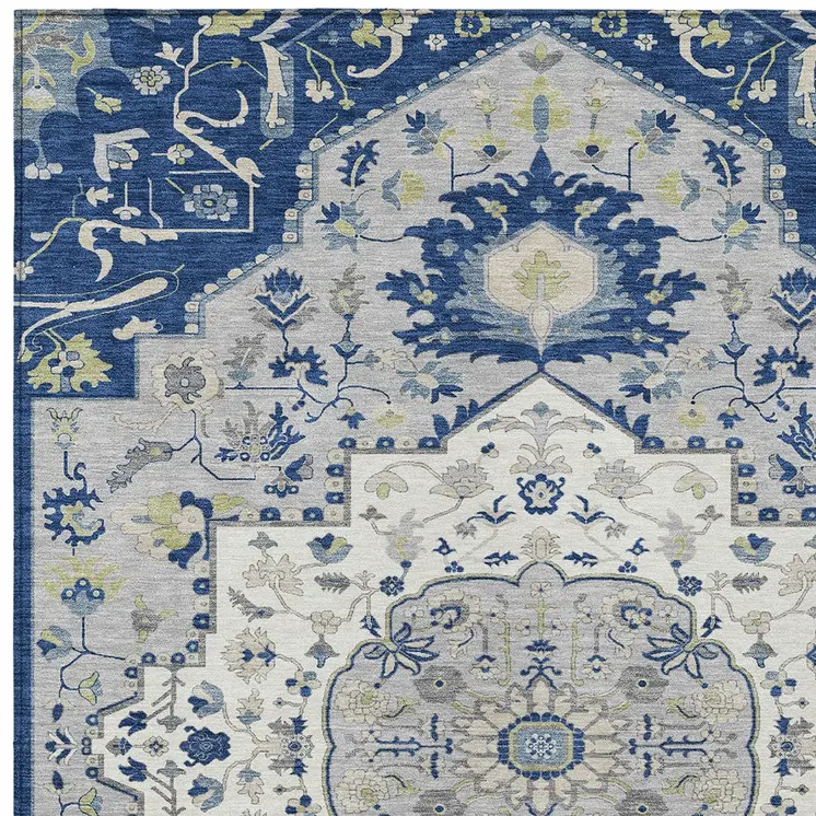 10' X 14' Navy Blue Ivory And Gray Oriental Washable Indoor Outdoor Area Rug