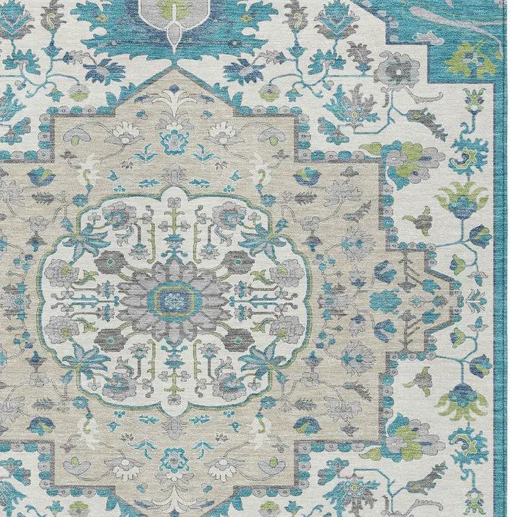 3' X 5' Teal Blue Green And Ivory Oriental Washable Indoor Outdoor Area Rug