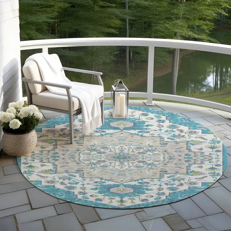 8' Teal Blue Green And Ivory Round Oriental Washable Indoor Outdoor Area Rug