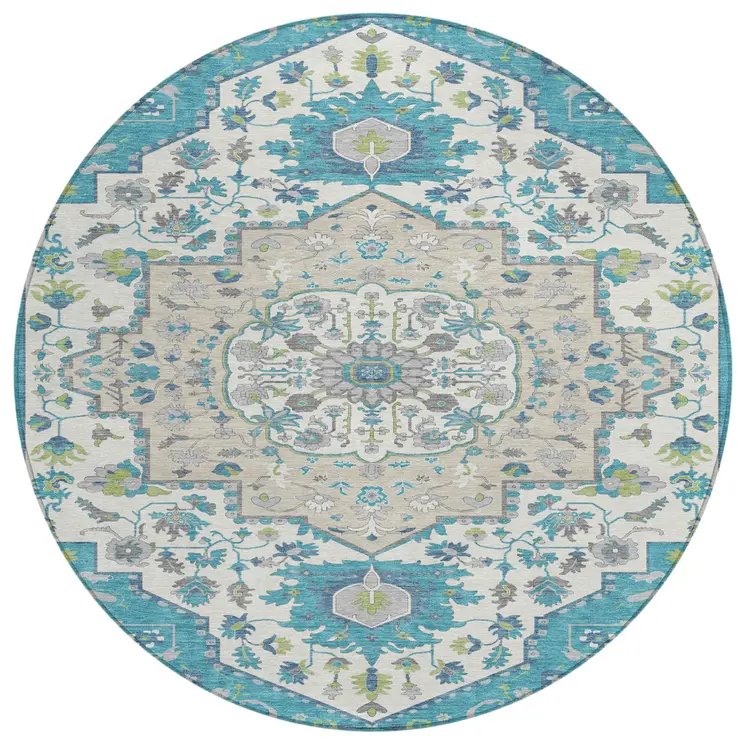 8' Teal Blue Green And Ivory Round Oriental Washable Indoor Outdoor Area Rug