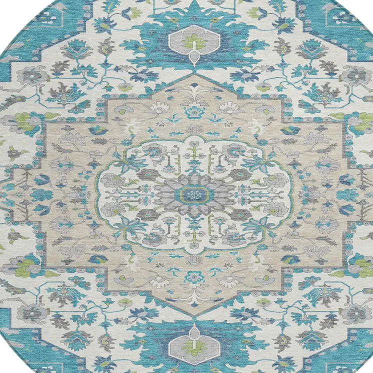 8' Teal Blue Green And Ivory Round Oriental Washable Indoor Outdoor Area Rug