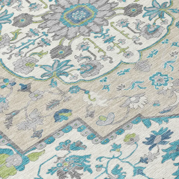8' Teal Blue Green And Ivory Round Oriental Washable Indoor Outdoor Area Rug