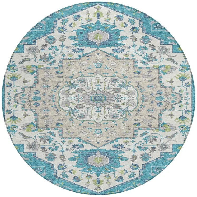 8' Teal Blue Green And Ivory Round Oriental Washable Indoor Outdoor Area Rug