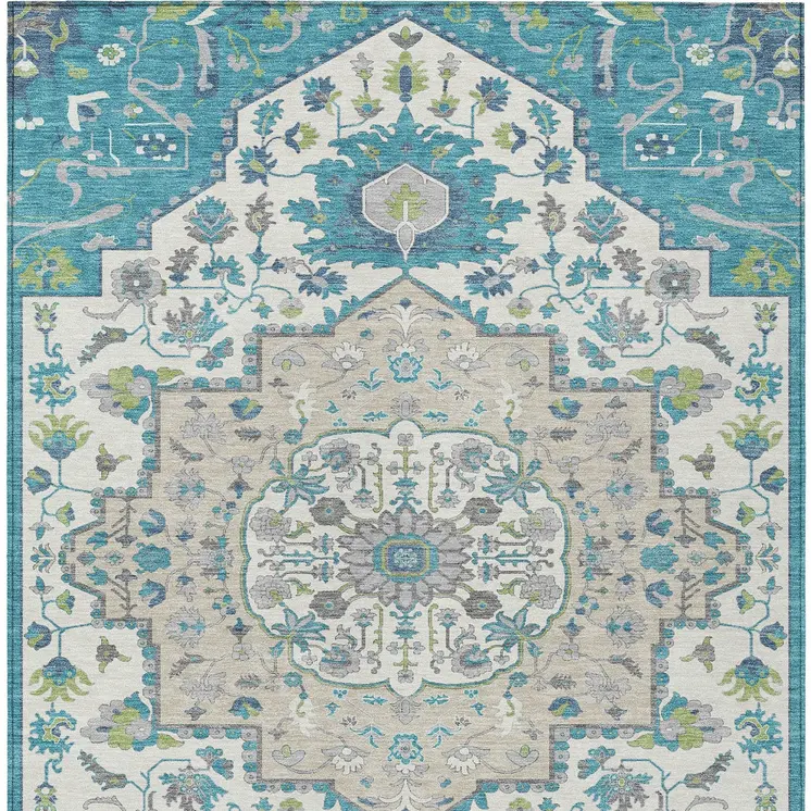8' X 10' Teal Blue Green And Ivory Oriental Washable Indoor Outdoor Area Rug