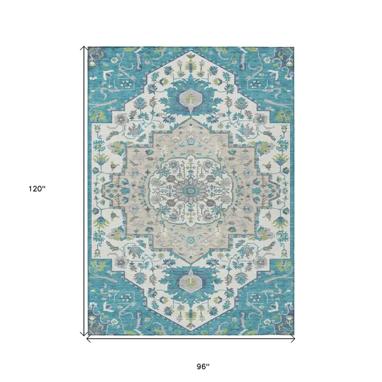 8' X 10' Teal Blue Green And Ivory Oriental Washable Indoor Outdoor Area Rug