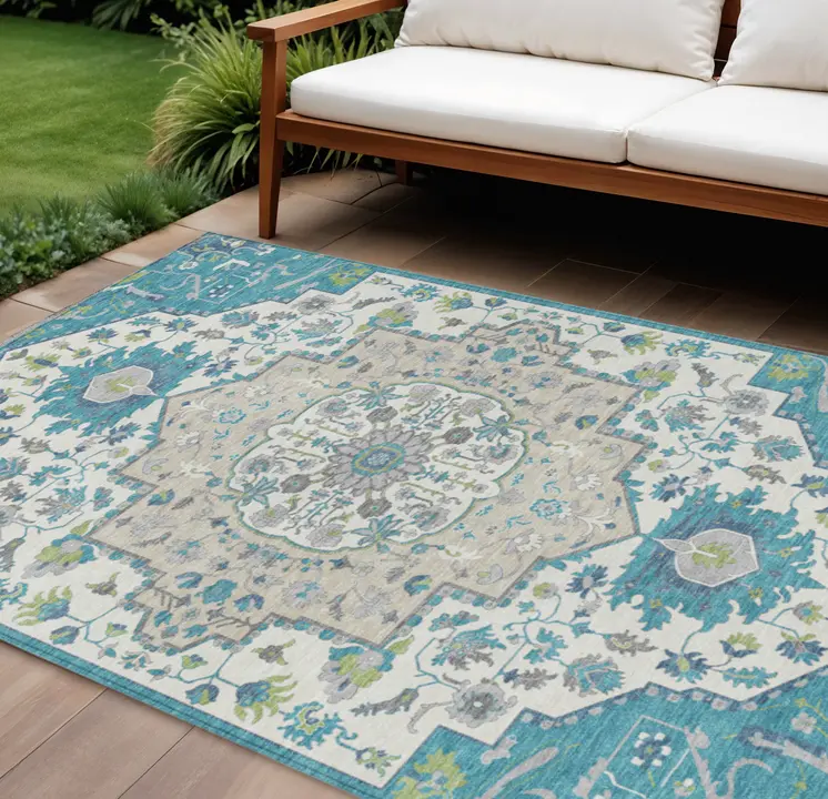 8' X 10' Teal Blue Green And Ivory Oriental Washable Indoor Outdoor Area Rug