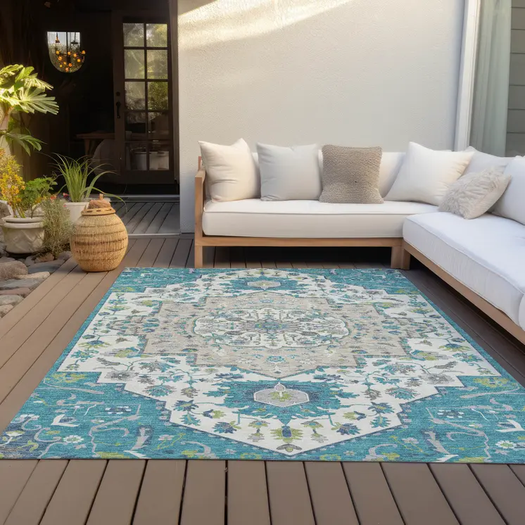 8' X 10' Teal Blue Green And Ivory Oriental Washable Indoor Outdoor Area Rug