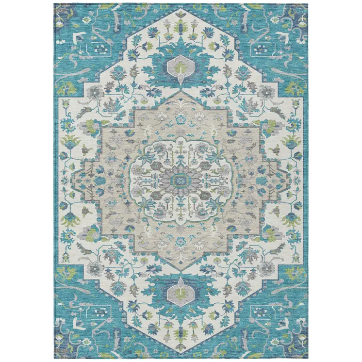 8' X 10' Teal Blue Green And Ivory Oriental Washable Indoor Outdoor Area Rug