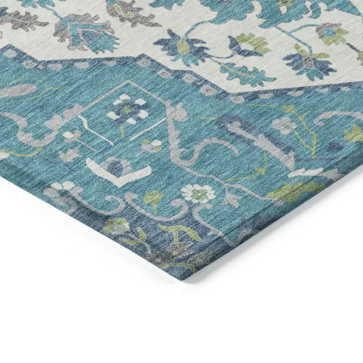 8' X 10' Teal Blue Green And Ivory Oriental Washable Indoor Outdoor Area Rug