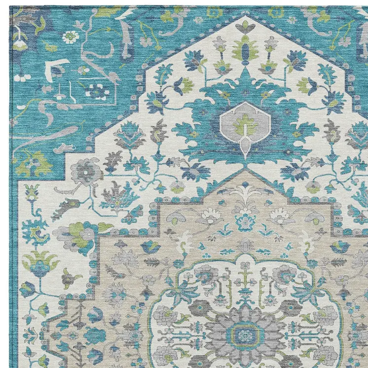 9' X 12' Teal Blue Green And Ivory Oriental Washable Indoor Outdoor Area Rug