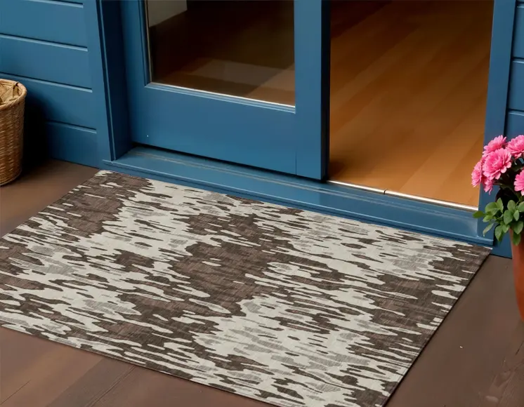 3' X 5' Brown Beige And Gray Striped Washable Indoor Outdoor Area Rug