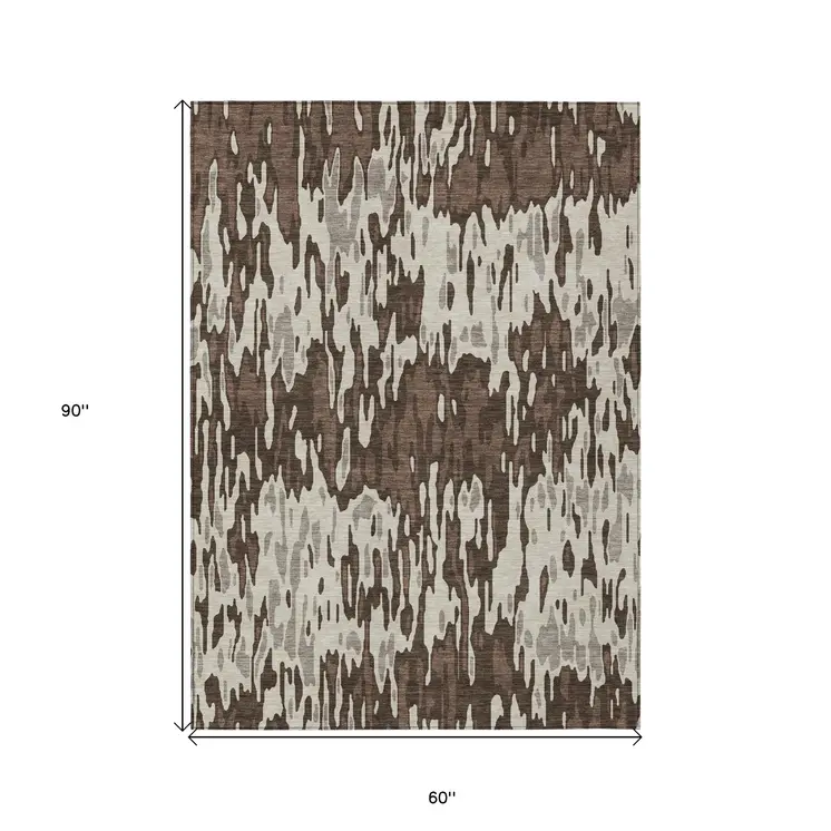 5' X 8' Brown Beige And Gray Striped Washable Indoor Outdoor Area Rug