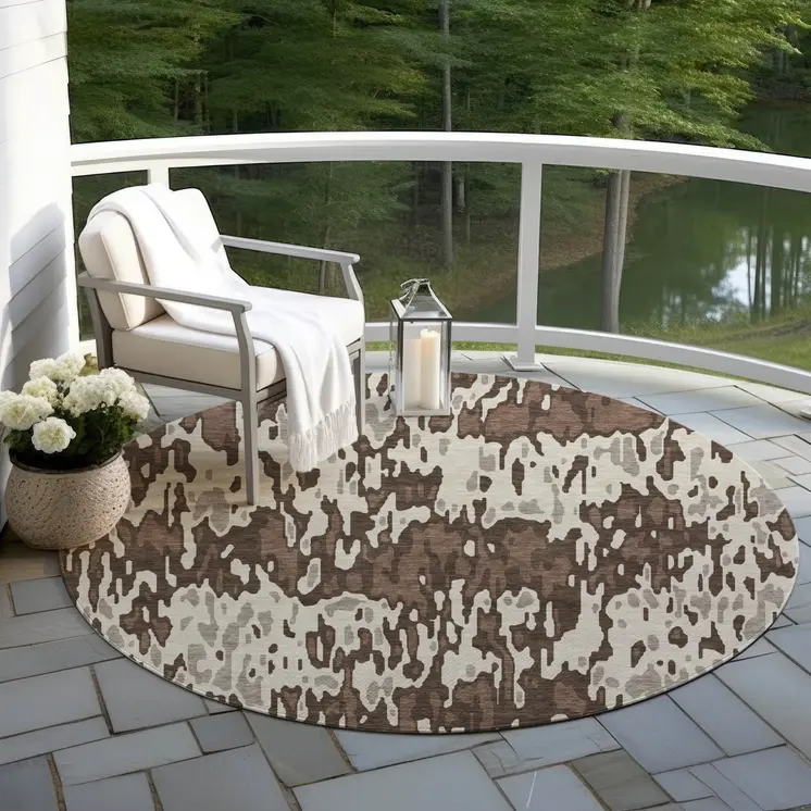 8' Brown Beige And Gray Round Striped Washable Indoor Outdoor Area Rug