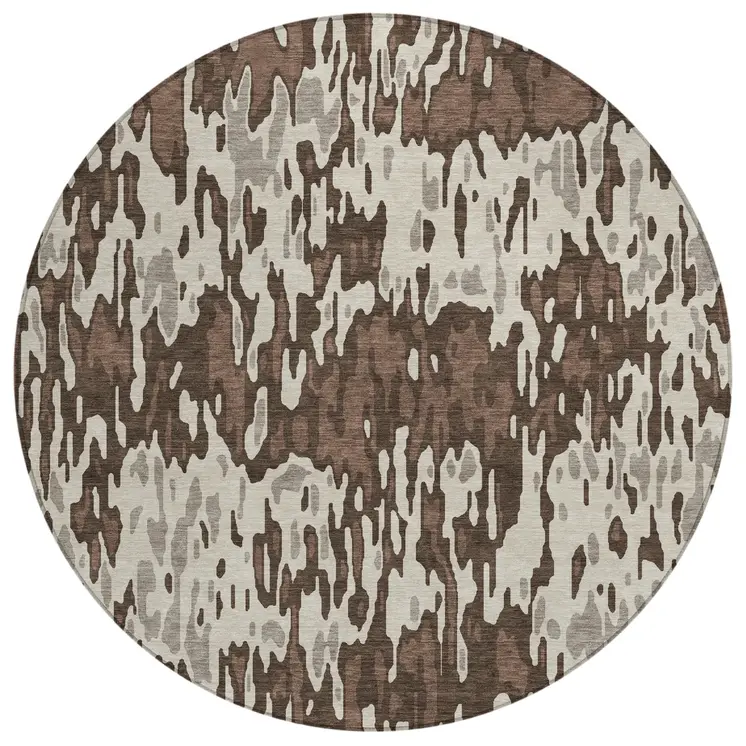 8' Brown Beige And Gray Round Striped Washable Indoor Outdoor Area Rug