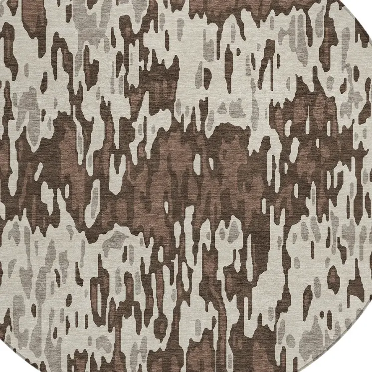 8' Brown Beige And Gray Round Striped Washable Indoor Outdoor Area Rug