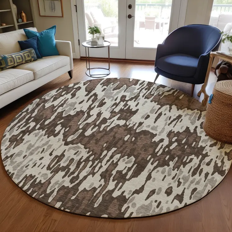 8' Brown Beige And Gray Round Striped Washable Indoor Outdoor Area Rug