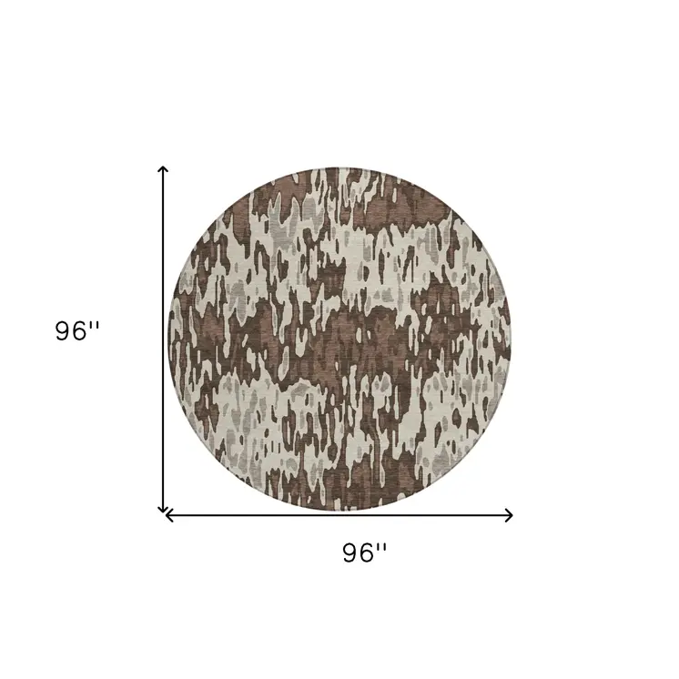 8' Brown Beige And Gray Round Striped Washable Indoor Outdoor Area Rug